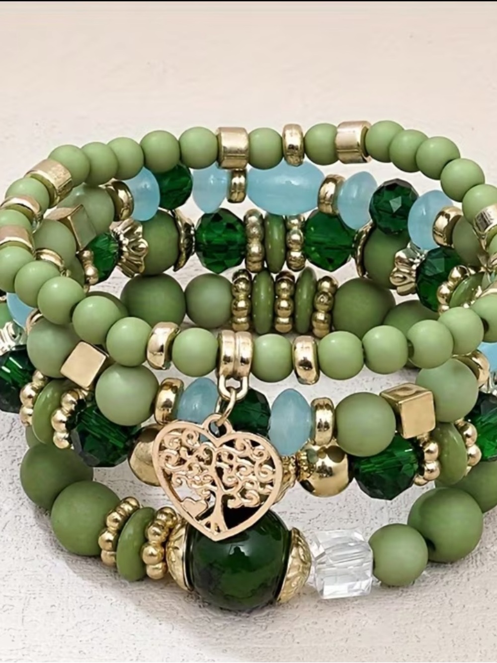New Gold-Accent Green Bead Stack Bracelet Set